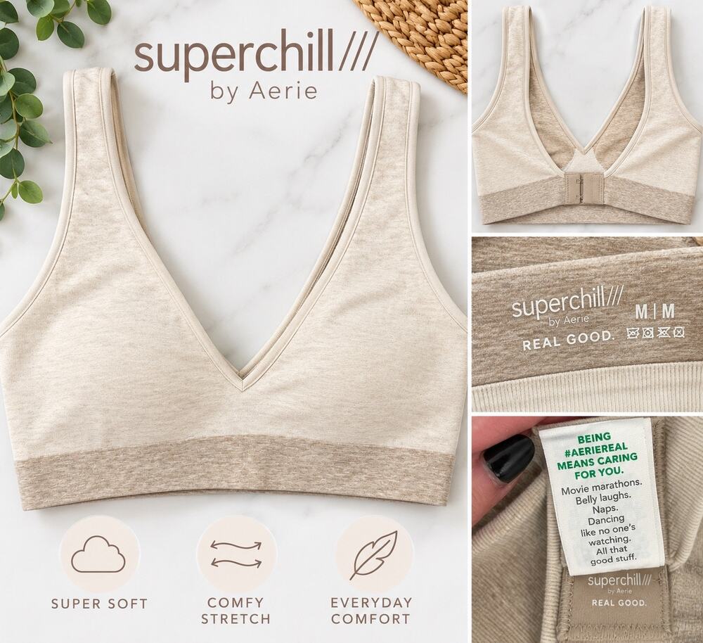 Aerie Superchill Real Good Bralette M/M Beige Oatmeal Wireless Lounge Bra